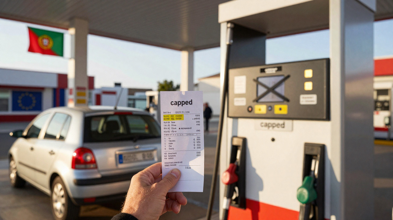 Pessoa segura recibo em posto de combustíveis com carro prata e bandeiras de Portugal e União Europeia ao fundo.