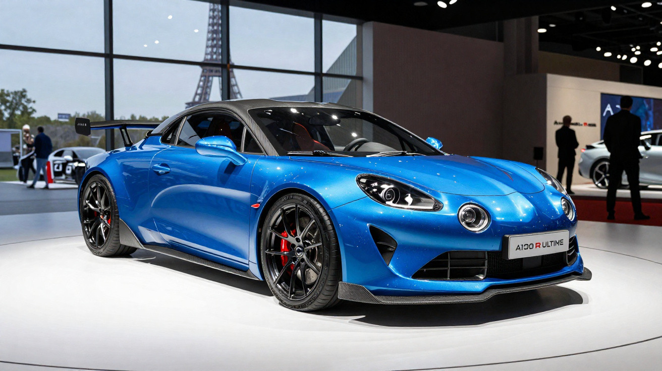 Carro esportivo azul Alpine A110 R Ultime em exposição com a Torre Eiffel ao fundo.