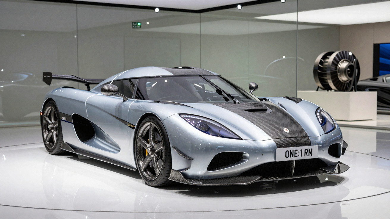 Carro esportivo Koenigsegg One:1 prata com detalhes em fibra de carbono em exposição interna.