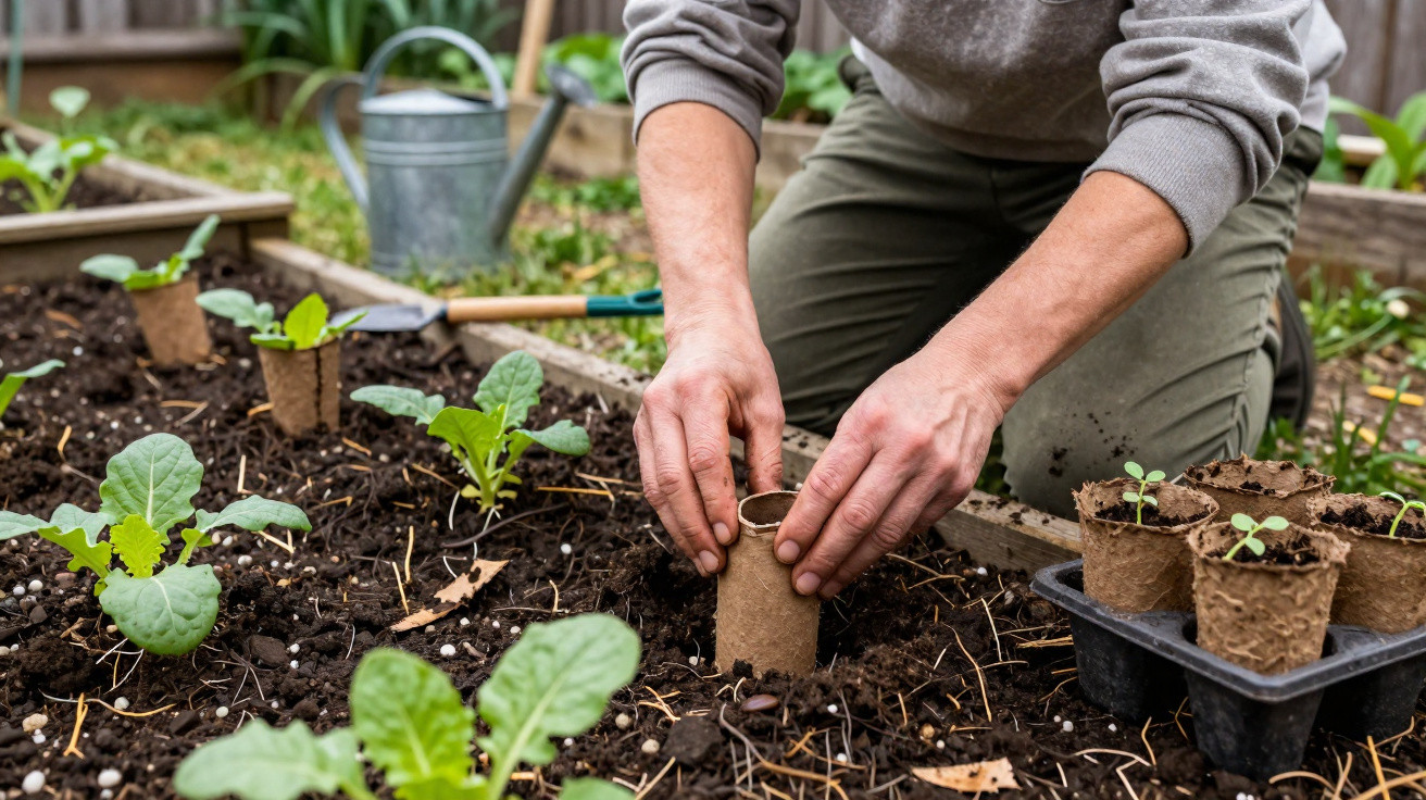 Pessoa plantando mudas em vasos biodegradáveis em canteiro de jardim com regador ao fundo.