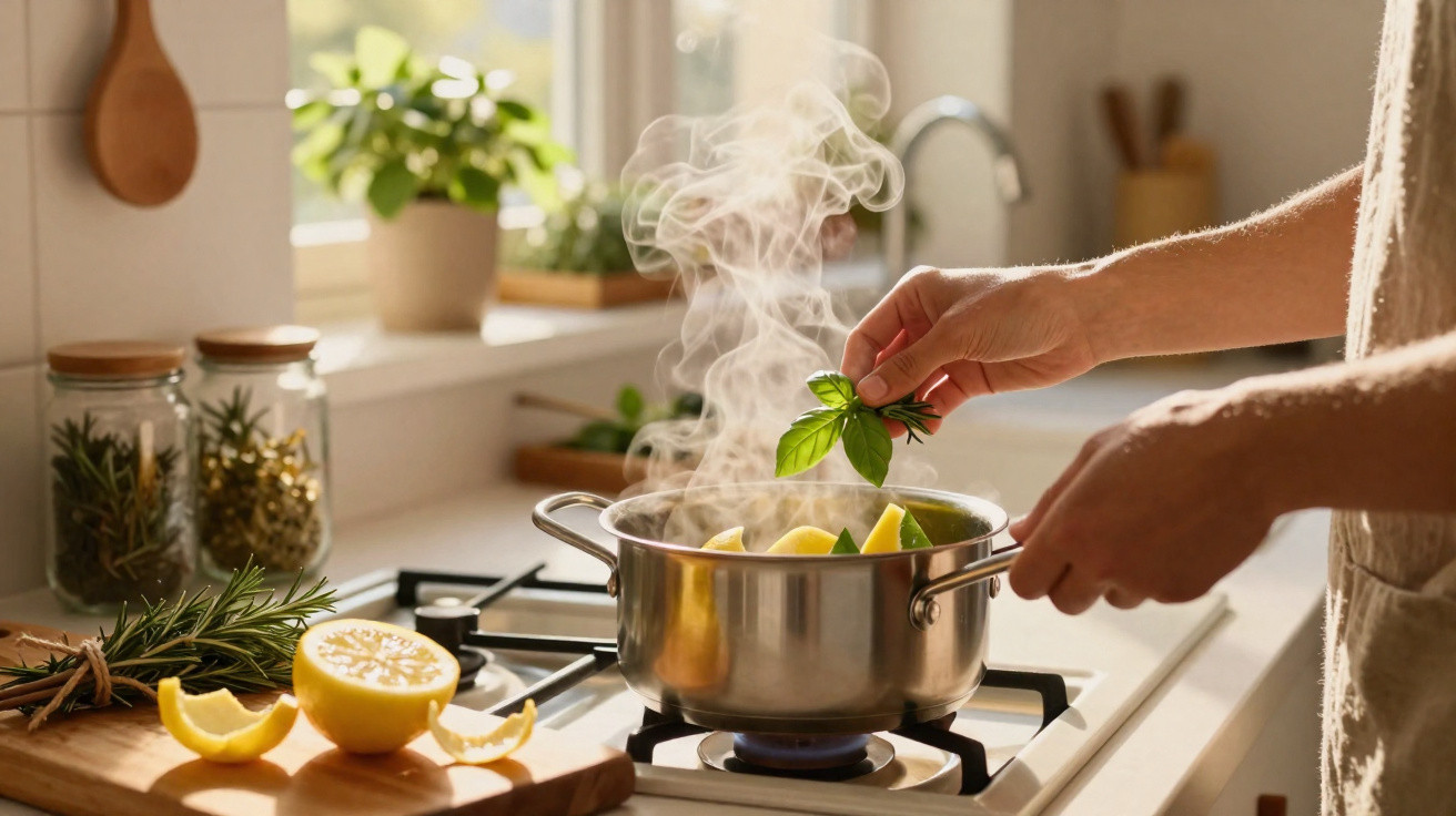 Mãos adicionam ervas frescas e limão em panela fervendo no fogão de cozinha ensolarada.