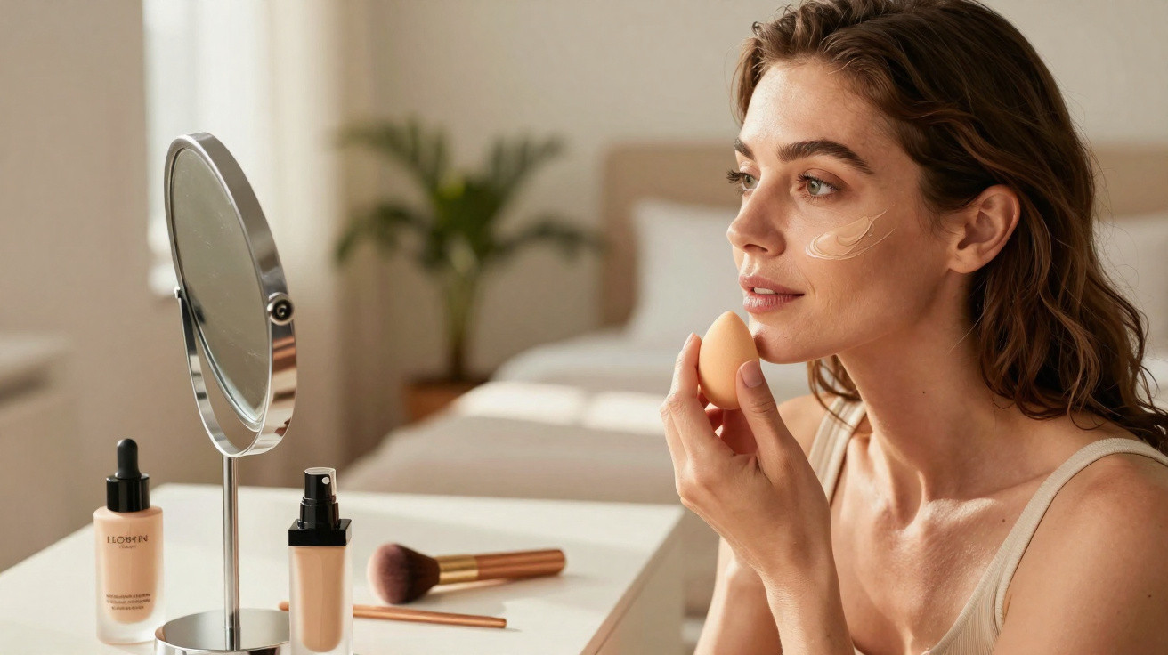 Mulher aplicando base facial com esponja em frente ao espelho sobre bancada com produtos de maquiagem.