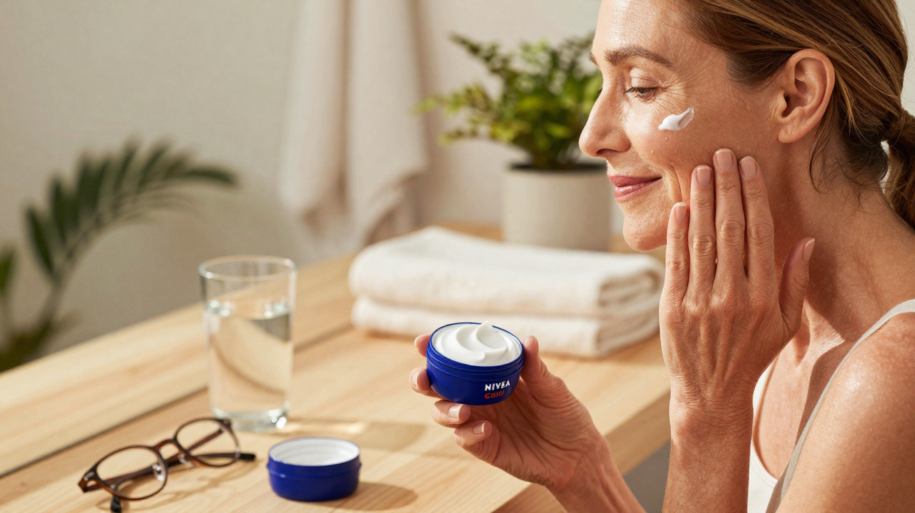 Mulher aplica creme Nivea no rosto em frente ao espelho em ambiente iluminado e aconchegante.