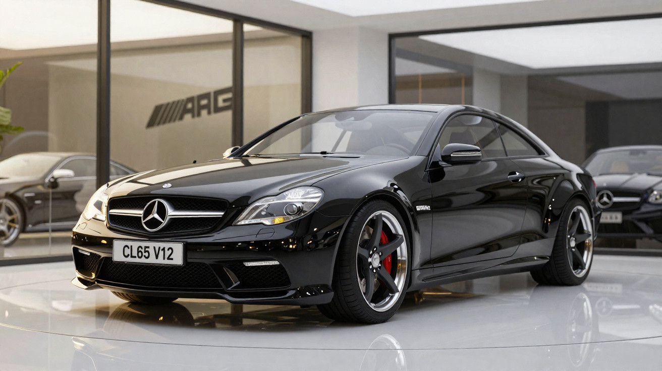 Carro esportivo preto Mercedes-Benz AMG CL65 V12 exibido em showroom moderno e iluminado.