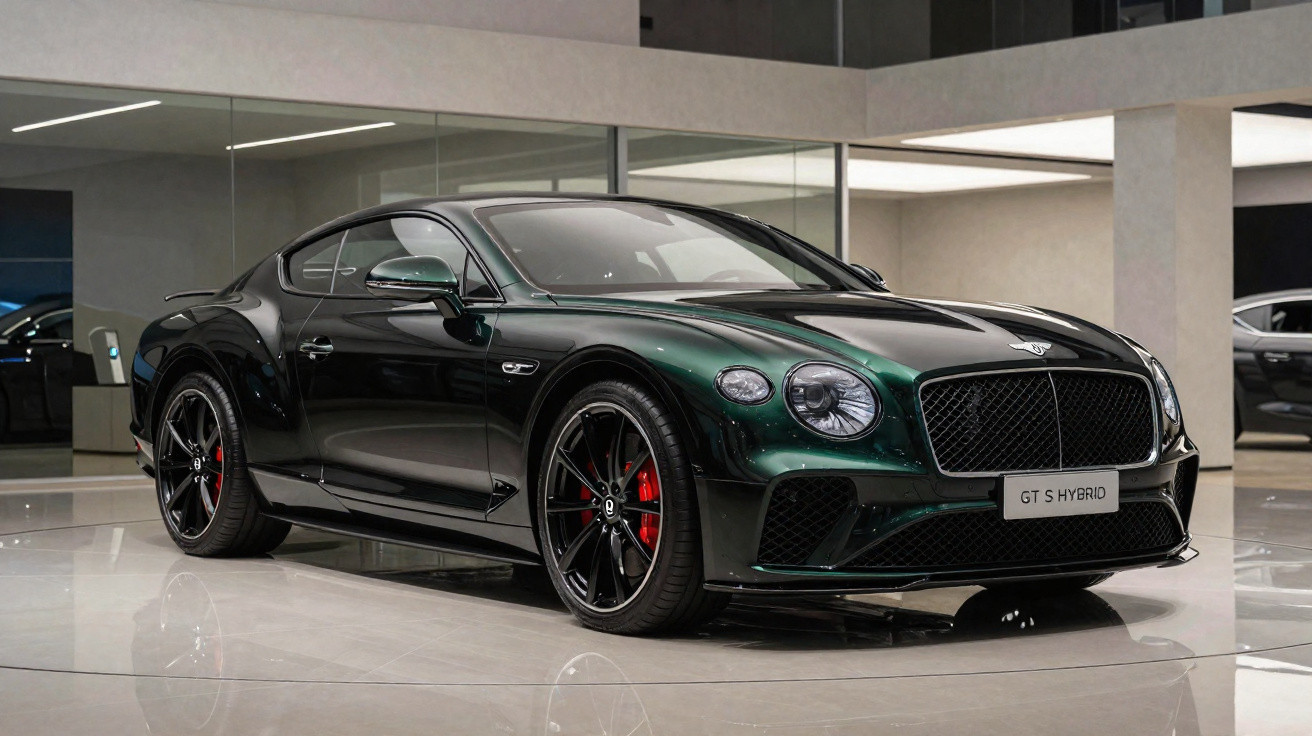 Carro esportivo Bentley GT S Hybrid verde escuro em showroom moderno refletindo no chão brilhante.