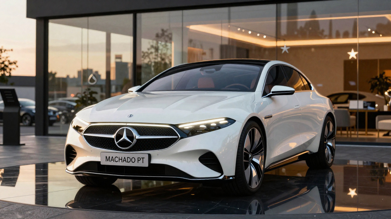 Carro Mercedes-Benz branco estacionado em frente a prédio com fachada de vidro ao entardecer.