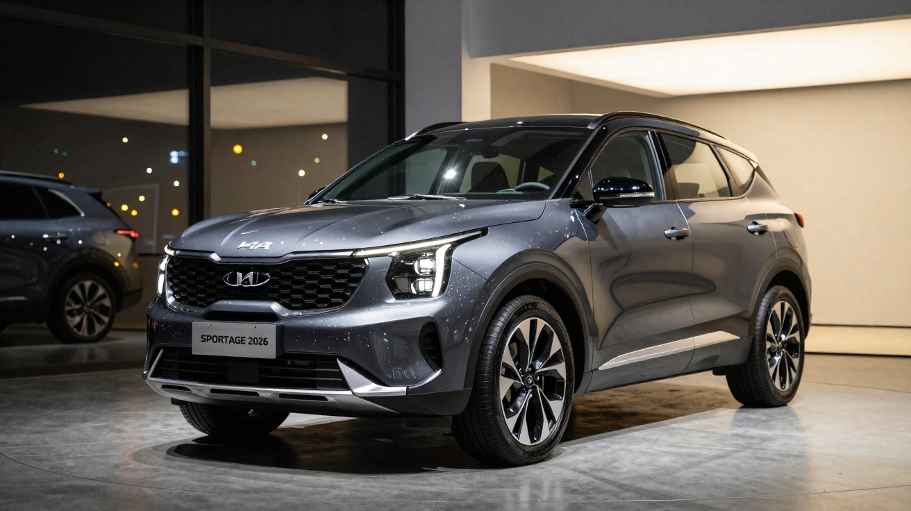 SUV cinza moderno Kia Sportage 2026 exibido em ambiente interno com iluminação suave.