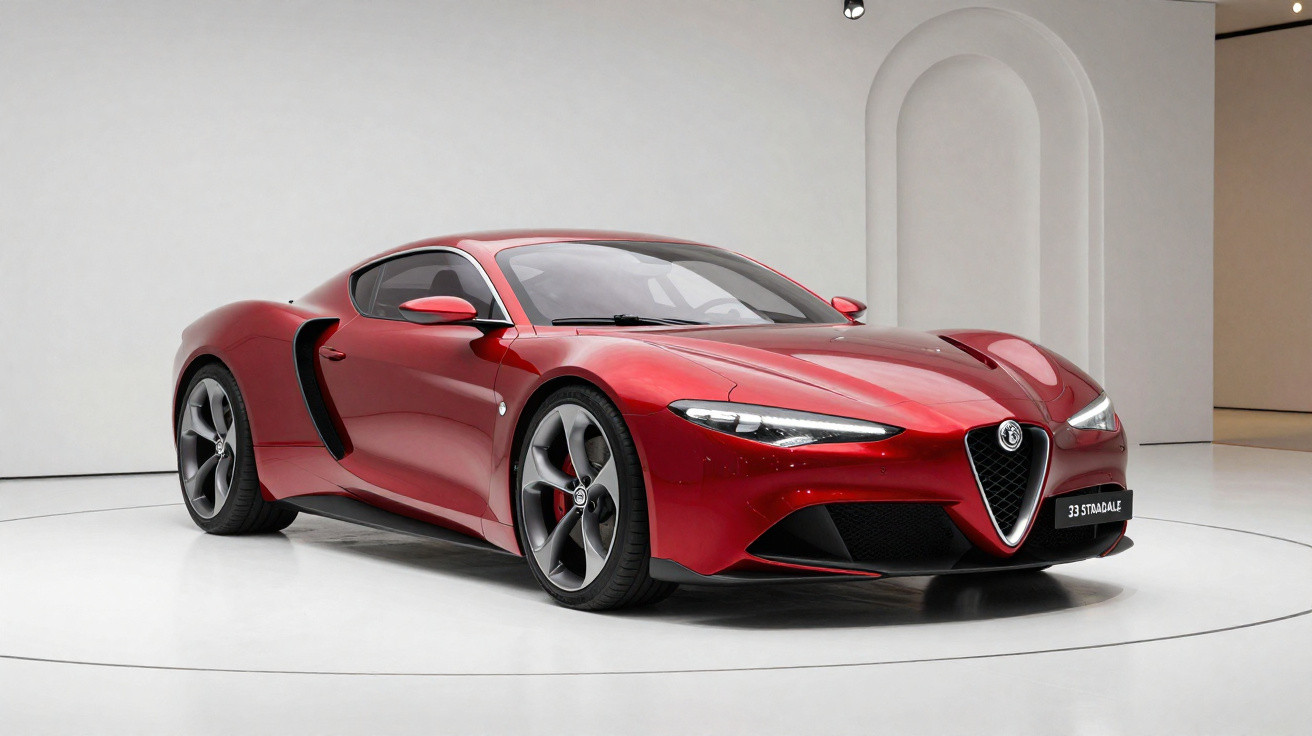 Carro esportivo vermelho Alfa Romeo 33 Stradale em exposição em ambiente branco minimalista.