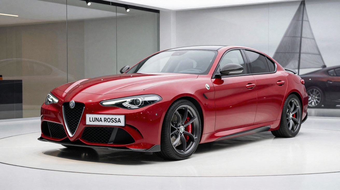 Carro esportivo sedã Alfa Romeo vermelho em exposição com rodas pretas e detalhes em carbono.
