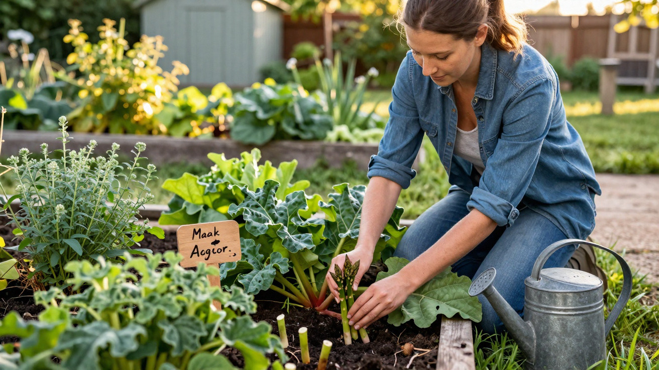Mulher cuidando de plantas e colhendo aspargos em horta caseira ao ar livre.