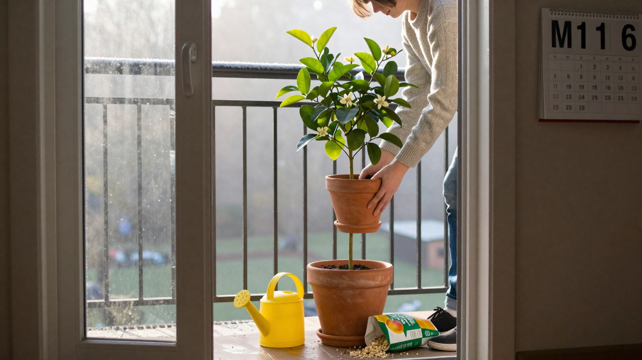 Pessoa cuidando de planta em vaso na varanda com regador amarelo e embalagem de fertilizante no chão.