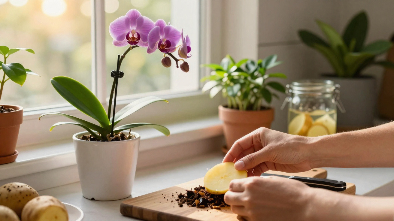Flores orquídeas em vaso branco perto da janela, mãos fatiando batata em tábua de madeira.