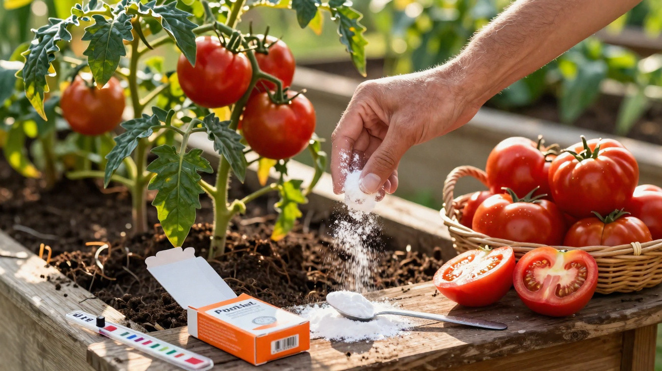 Pessoa aplicando sal à planta de tomateiro em canteiro de madeira com tomates maduros ao lado.