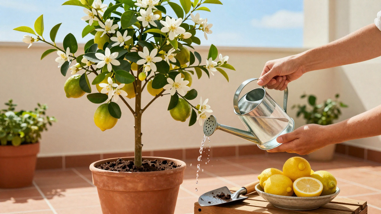 Pessoa regando muda de limoeiro florido em vaso, ao lado tigela com limões e pá de jardinagem.