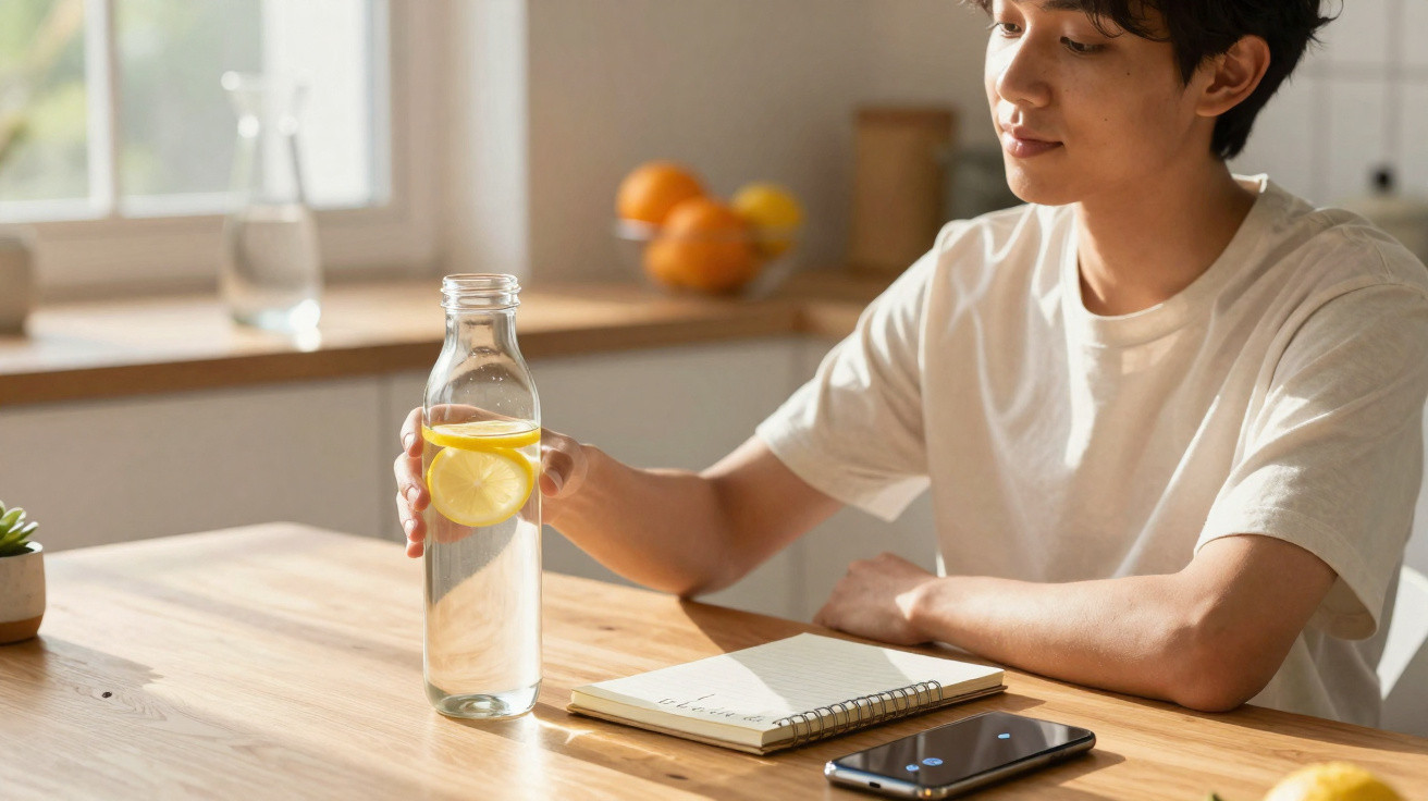 Pessoa sentada à mesa segurando garrafa com água e limão, com caderno e celular na mesa.