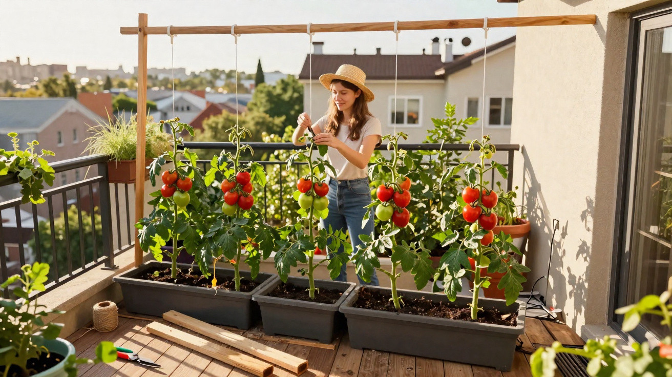Mulher cuidando de plantas de tomate em vasos pendurados em varanda ensolarada.