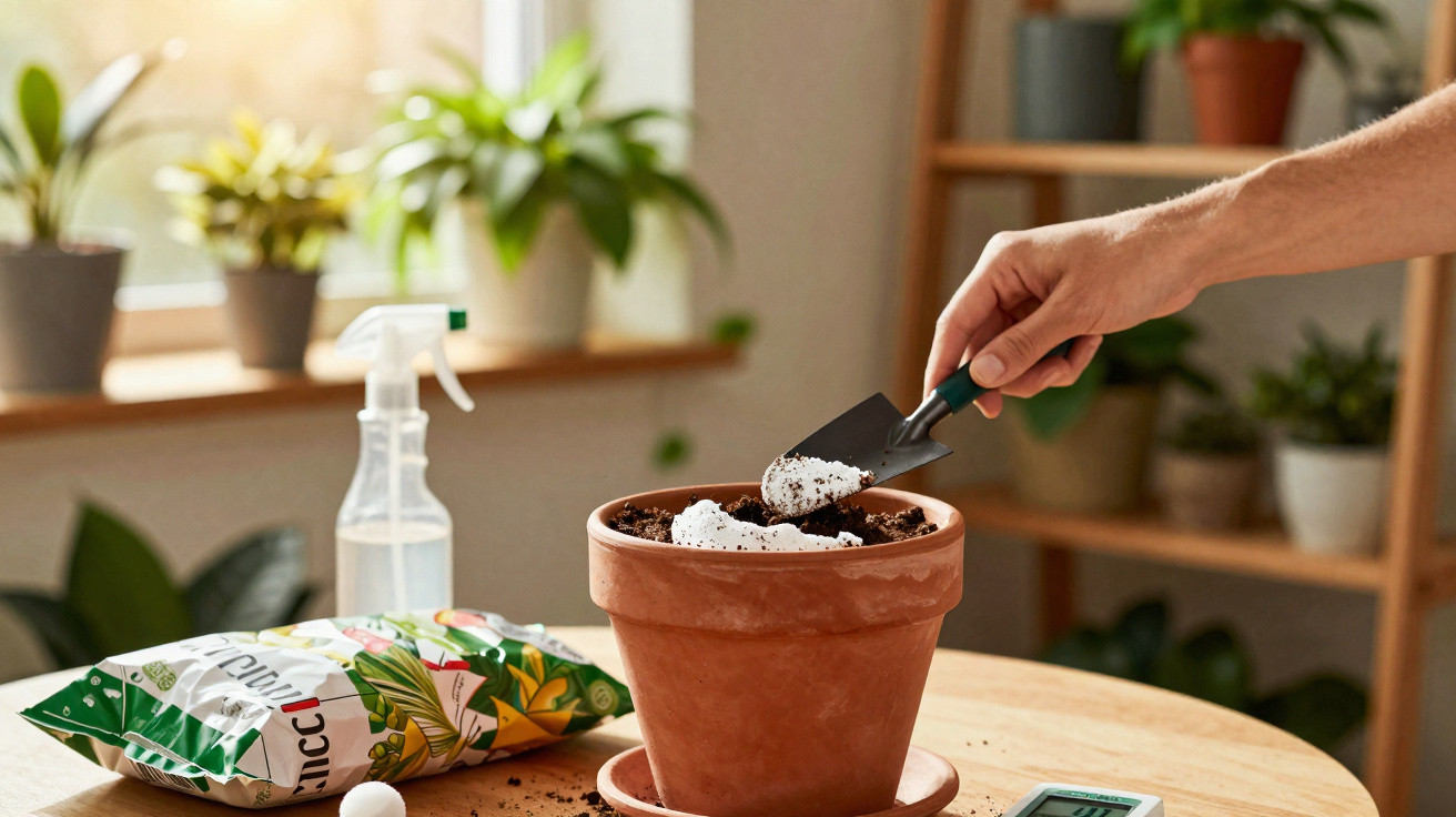 Pessoa colocando fertilizante branco em vaso de barro com terra para cultivo de planta em ambiente interno.