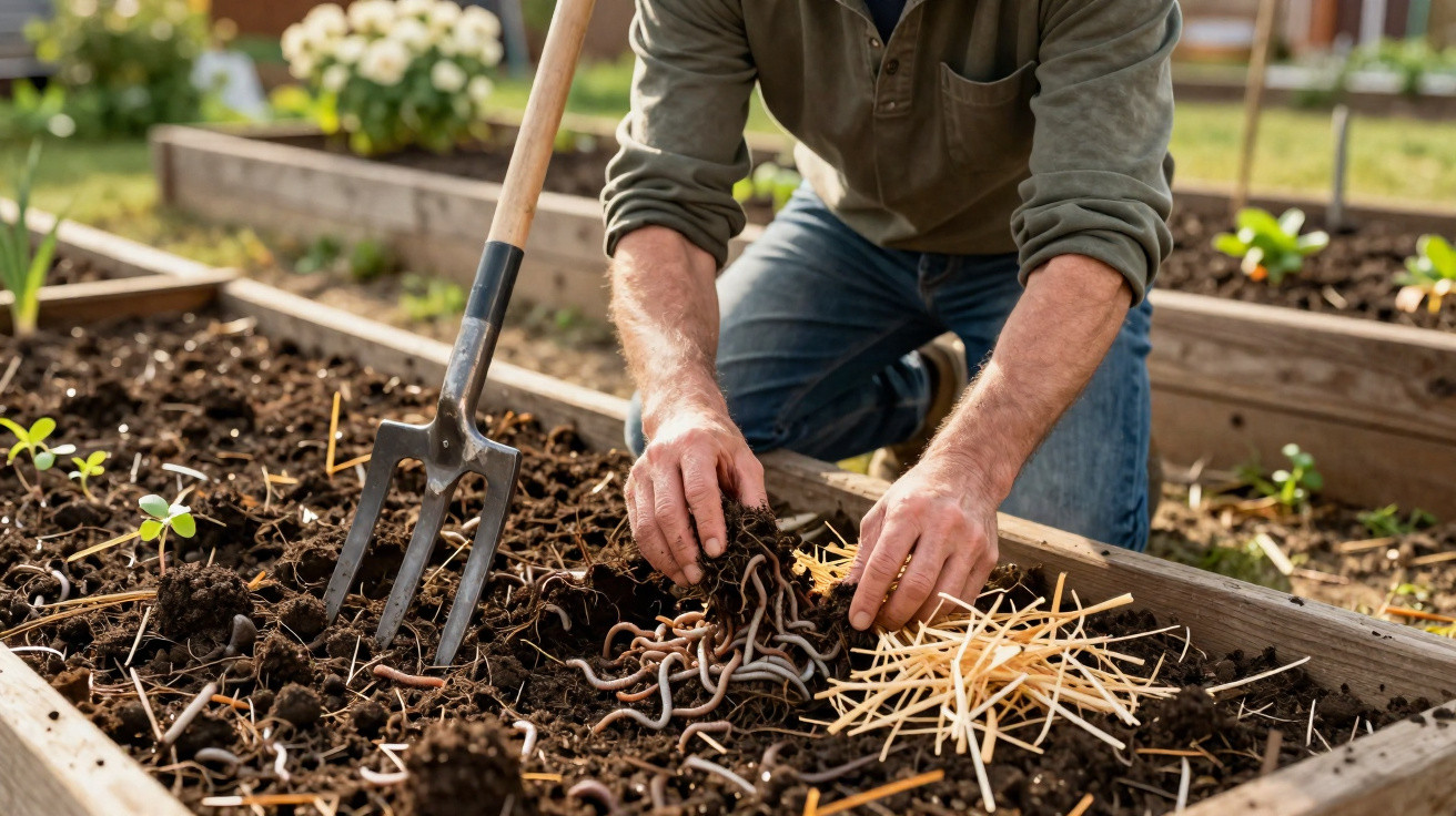 Pessoa colocando minhocas na terra de canteiro de horta com garfo de jardim ao lado.