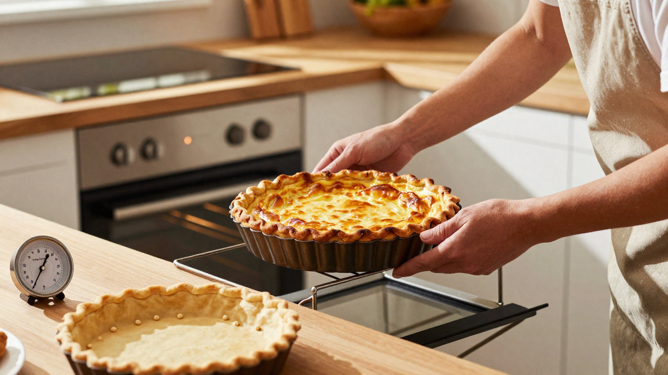 Pessoa retirando torta assada do forno em cozinha iluminada, com outra torta pronta na bancada.
