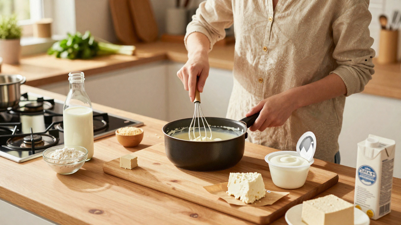 Pessoa mexe sobremesa cremosa em panela na cozinha com ingredientes variados sobre a bancada de madeira.