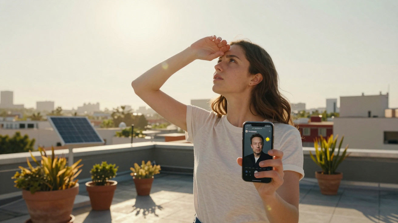 Mulher em rooftop olhando para o horizonte com celular na mão e painéis solares ao fundo.