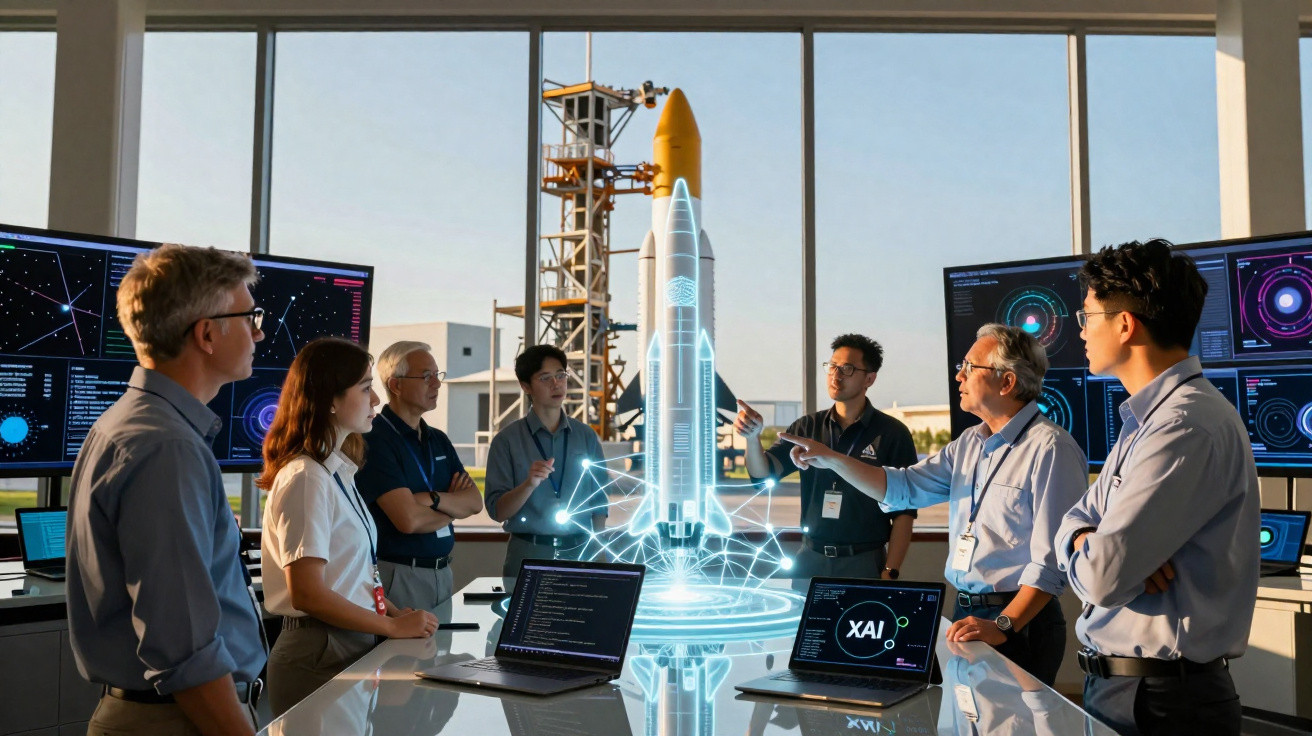 Equipe de cientistas reunida em sala futurista analisando projeção holográfica de foguete espacial.