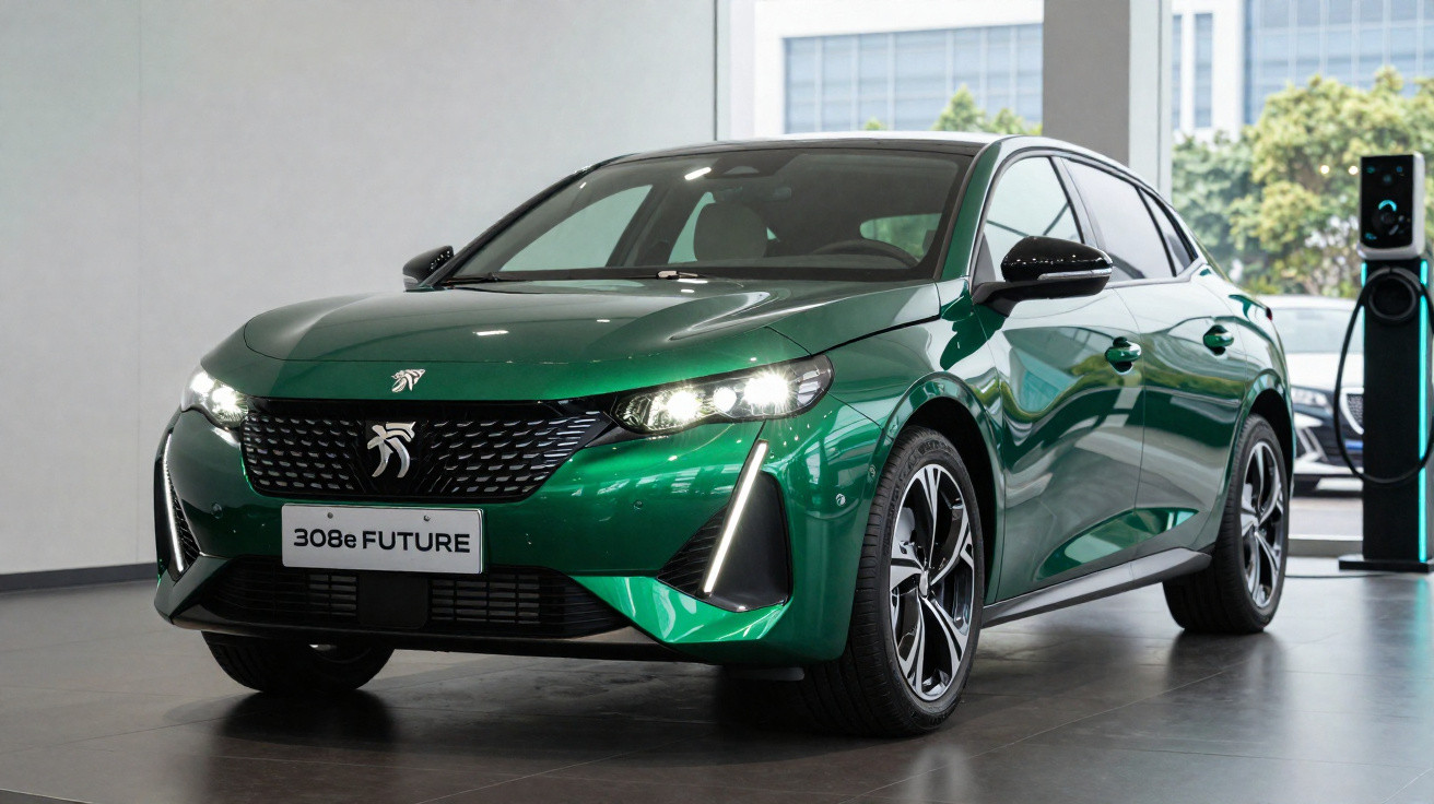 Carro elétrico verde Peugeot 308 e-Future estacionado em showroom ao lado de carregador.