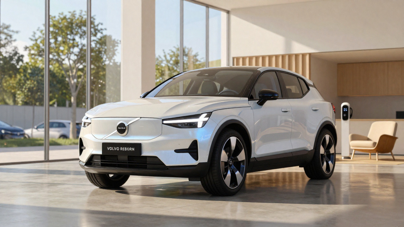 Carro elétrico Volvo branco estacionado em ambiente interno moderno com grandes janelas.
