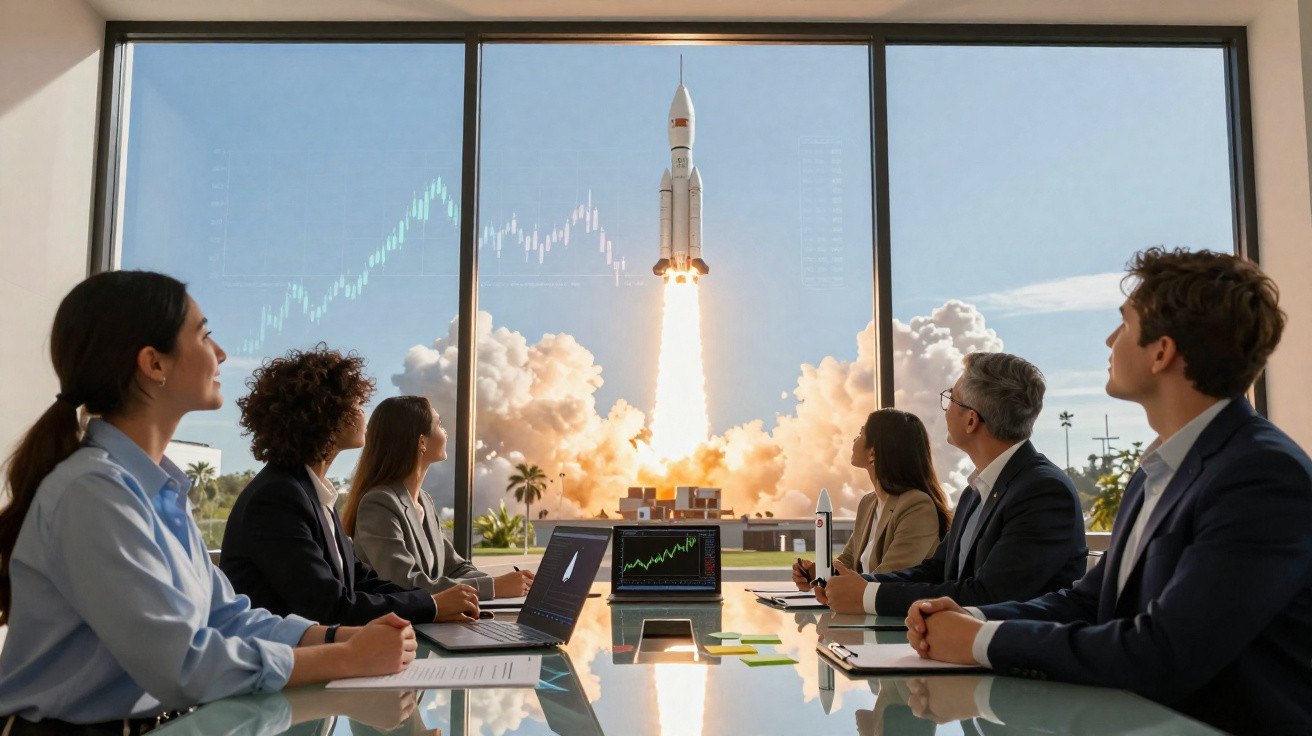 Pessoas em reunião observando lançamento de foguete pela janela, com gráficos de mercado em laptops e hologramas.