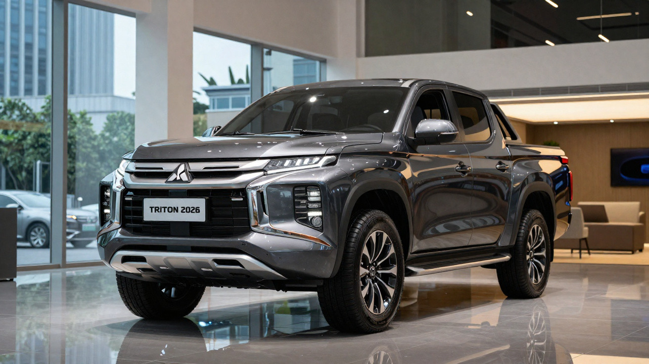 Picape Mitsubishi Triton 2026 cinza com detalhes em cobre exibida em showroom moderno.