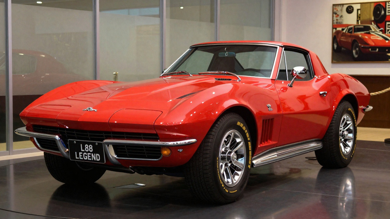 Carro esportivo clássico vermelho, Chevrolet Corvette 1968, exibido em museu com espelho ao fundo.