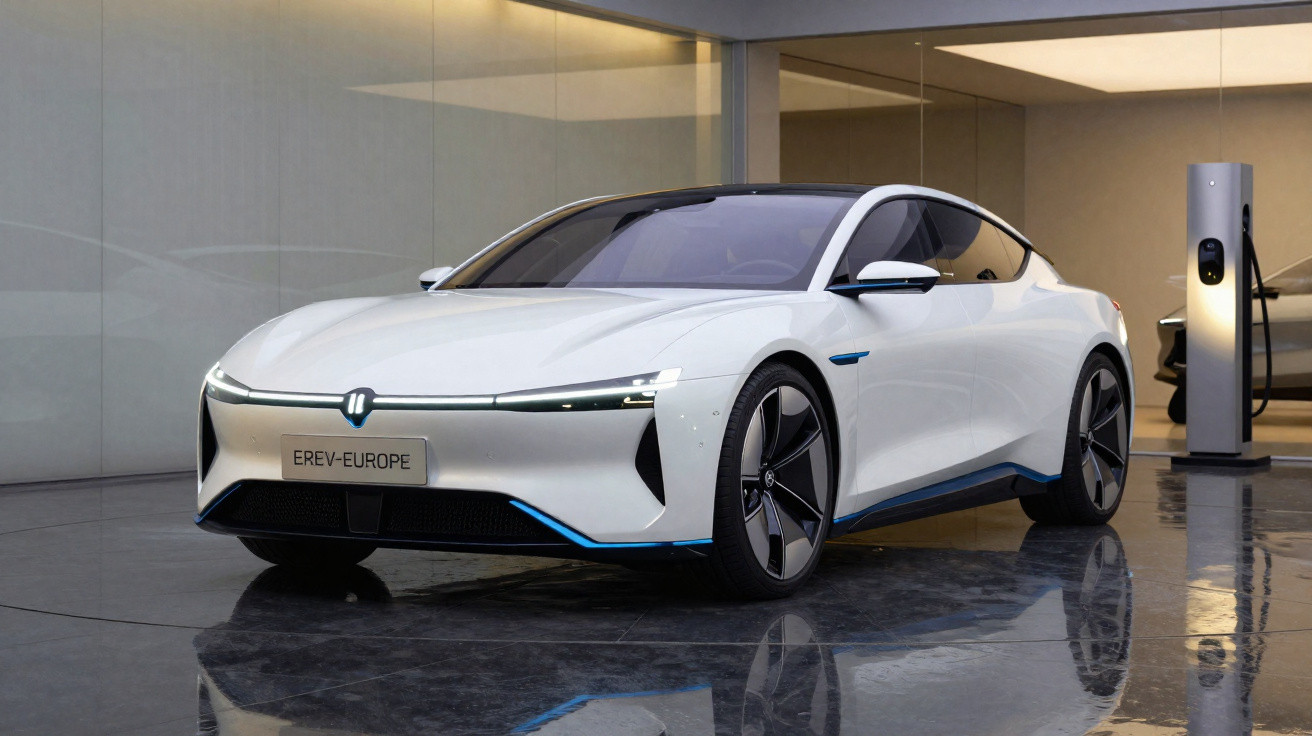 Carro elétrico branco modelo sedan elétrico moderno estacionado próximo a uma estação de carregamento.