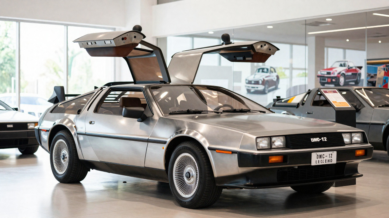 Carro DeLorean DMC-12 prata com portas asa de gaivota aberto em showroom.