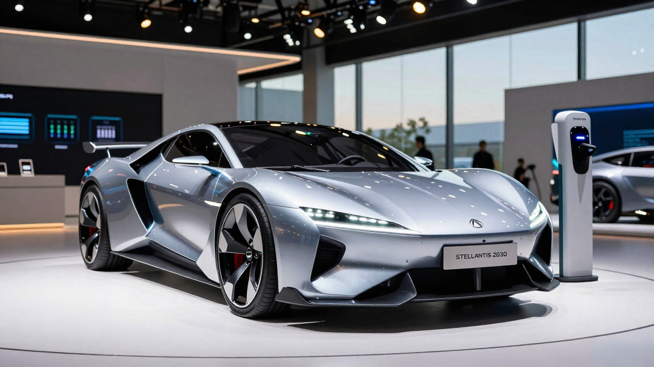 Carro esportivo elétrico prata em exposição interna com estação de recarga ao lado e luz do pôr do sol.