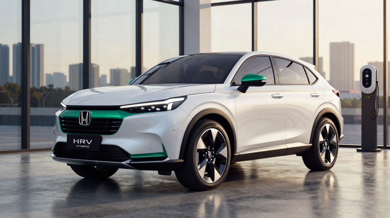 SUV Honda HR-V Hybrid branco estacionado em garagem com estação de recarga e vista urbana ao fundo.
