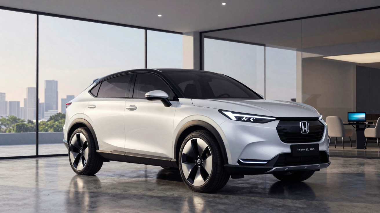 Carro elétrico Honda HR-V e:HEV branco exibido em ambiente moderno com vista para cidade ao pôr do sol.