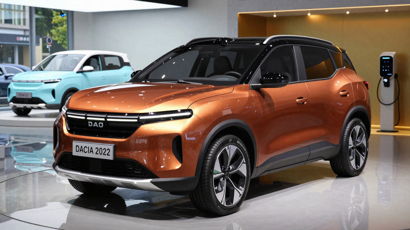 SUV Dacia 2022 laranja em exposição em showroom com outro carro elétrico azul ao fundo.