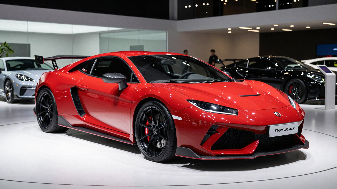 Carro esportivo vermelho Honda Civic Type R em exposição em ambiente interno com outros veículos ao fundo.