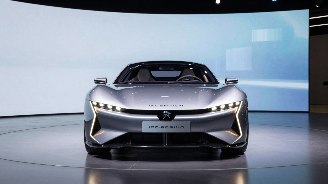 Carro elétrico cinza prateado com design futurista e faróis de LED em ambiente minimalista.