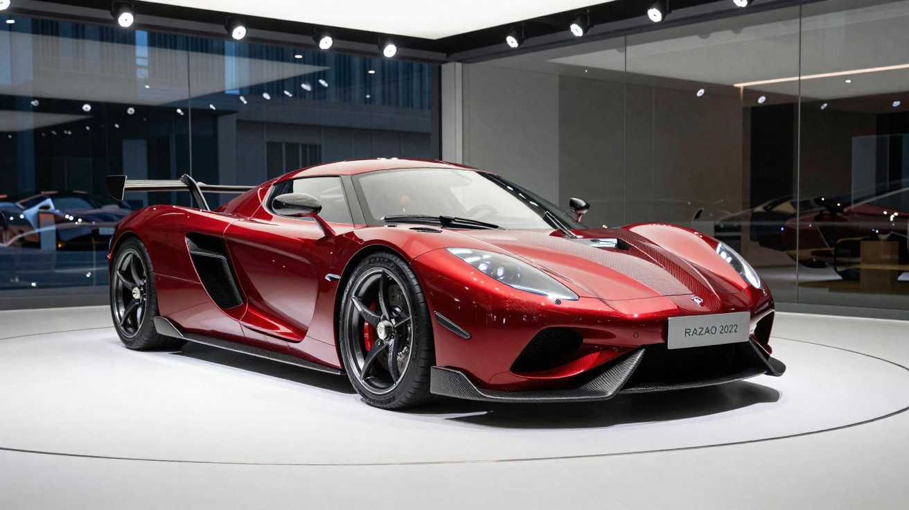 Carro esportivo vermelho com design aerodinâmico exposto em showroom moderno e iluminado.