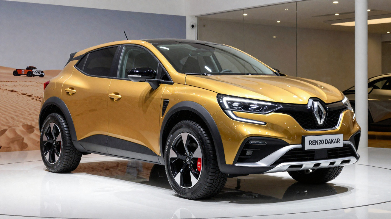 Carro Renault SUV dourado modelo REN20 DAKAR em exposição com fundo branco e parede espelhada.