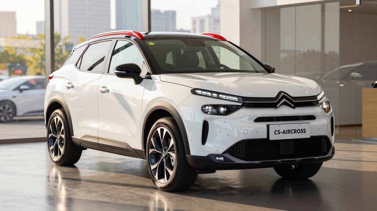 Carro SUV Citroën C5 Aircross branco com detalhes vermelhos em showroom moderno e iluminado.