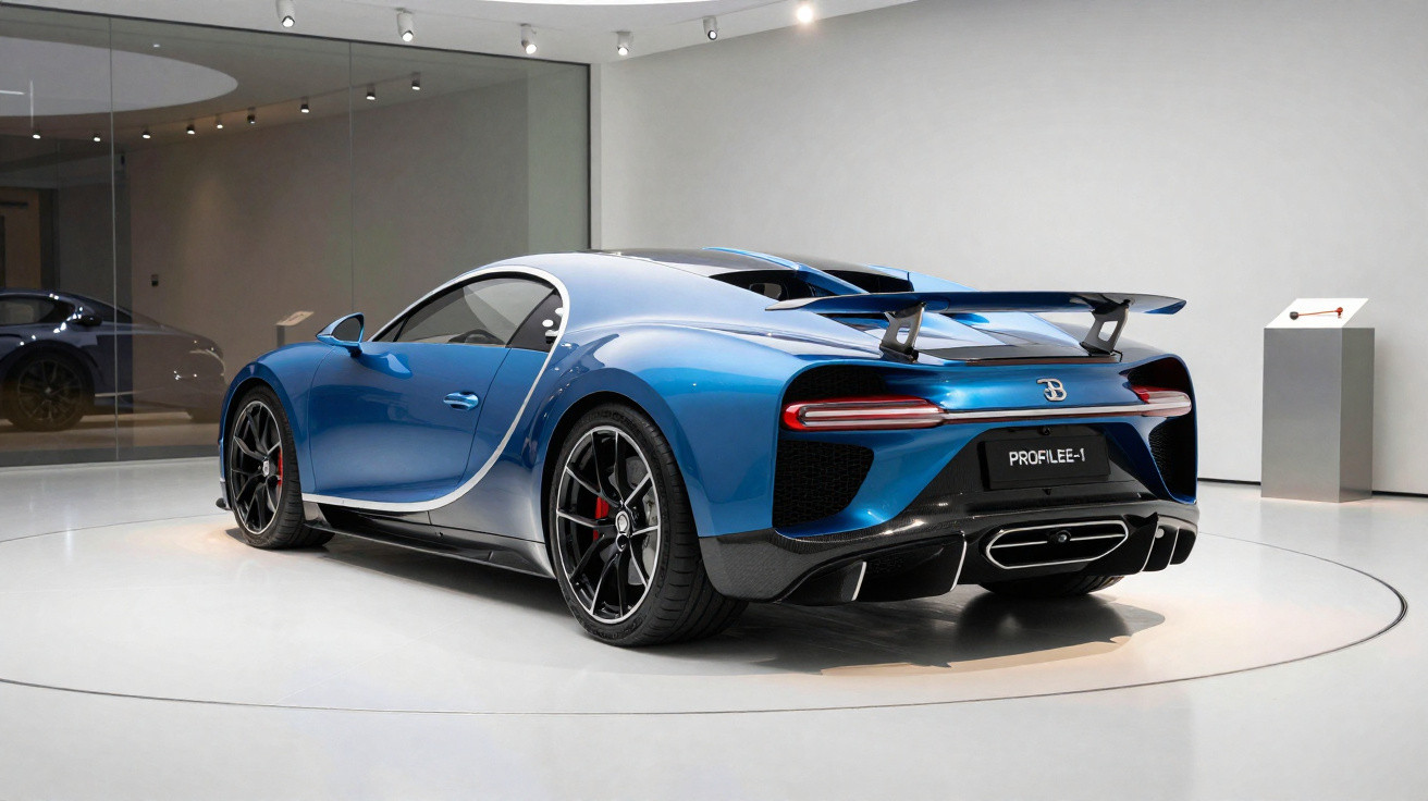 Carro esportivo Bugatti Chiron azul exibido em sala de exposição moderna com piso branco.
