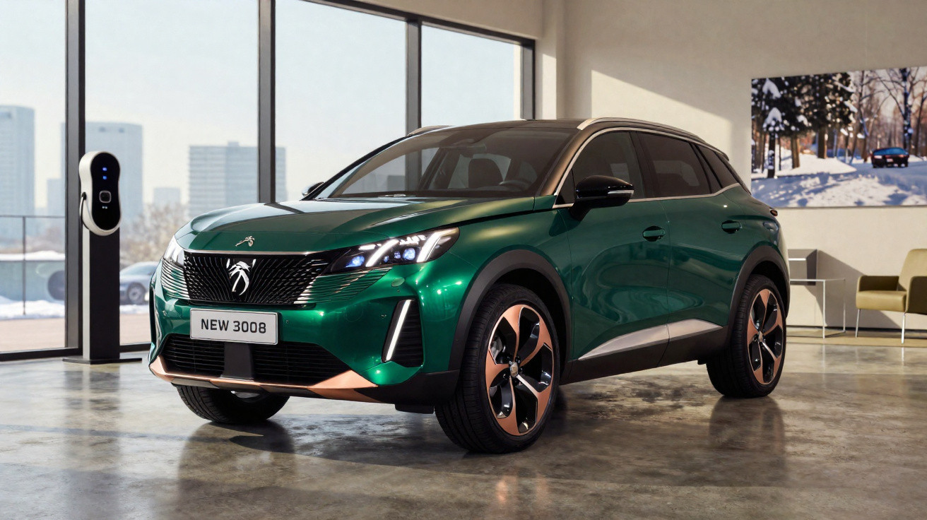 Carro SUV verde metálico Peugeot New 3008 estacionado em showroom moderno com carregador elétrico ao fundo.