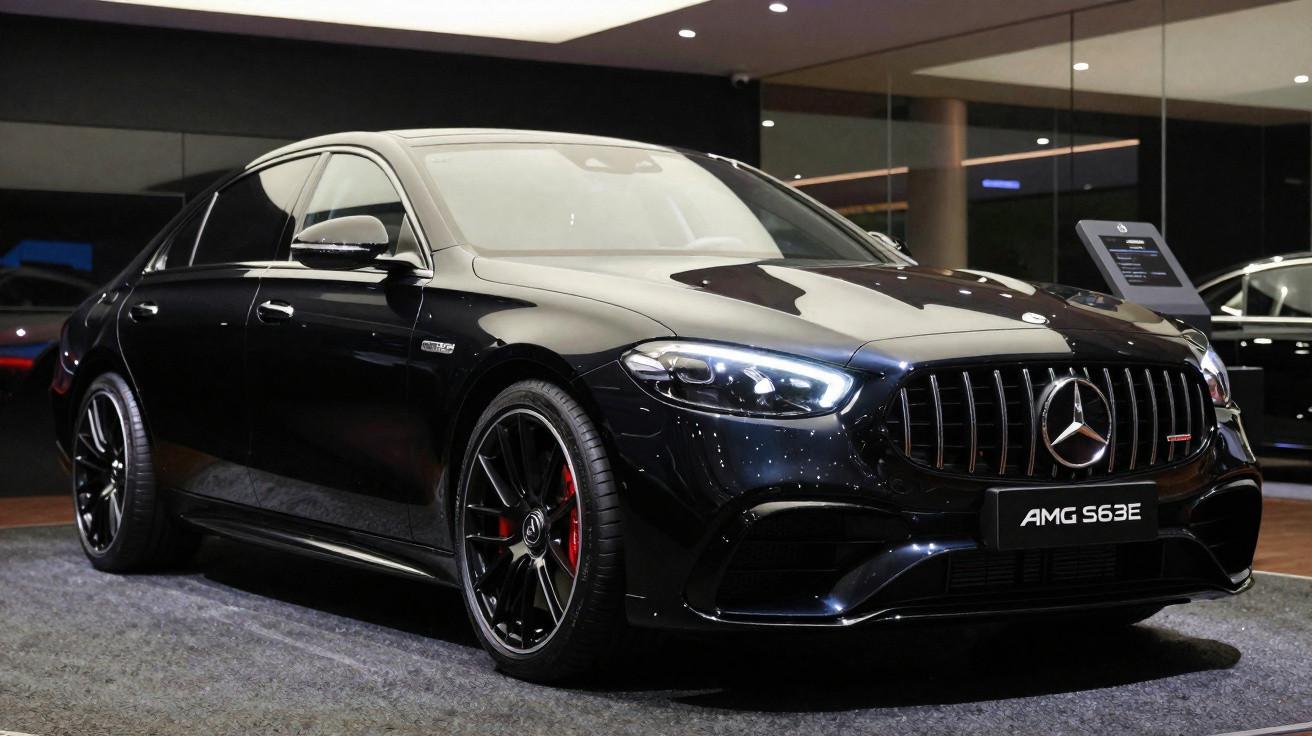 Carro preto Mercedes-Benz AMG S63E estacionado em ambiente interno com iluminação destacando design e rodas.