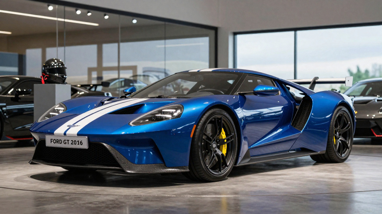Carro esportivo Ford GT azul com faixa branca exposto em showroom moderno.