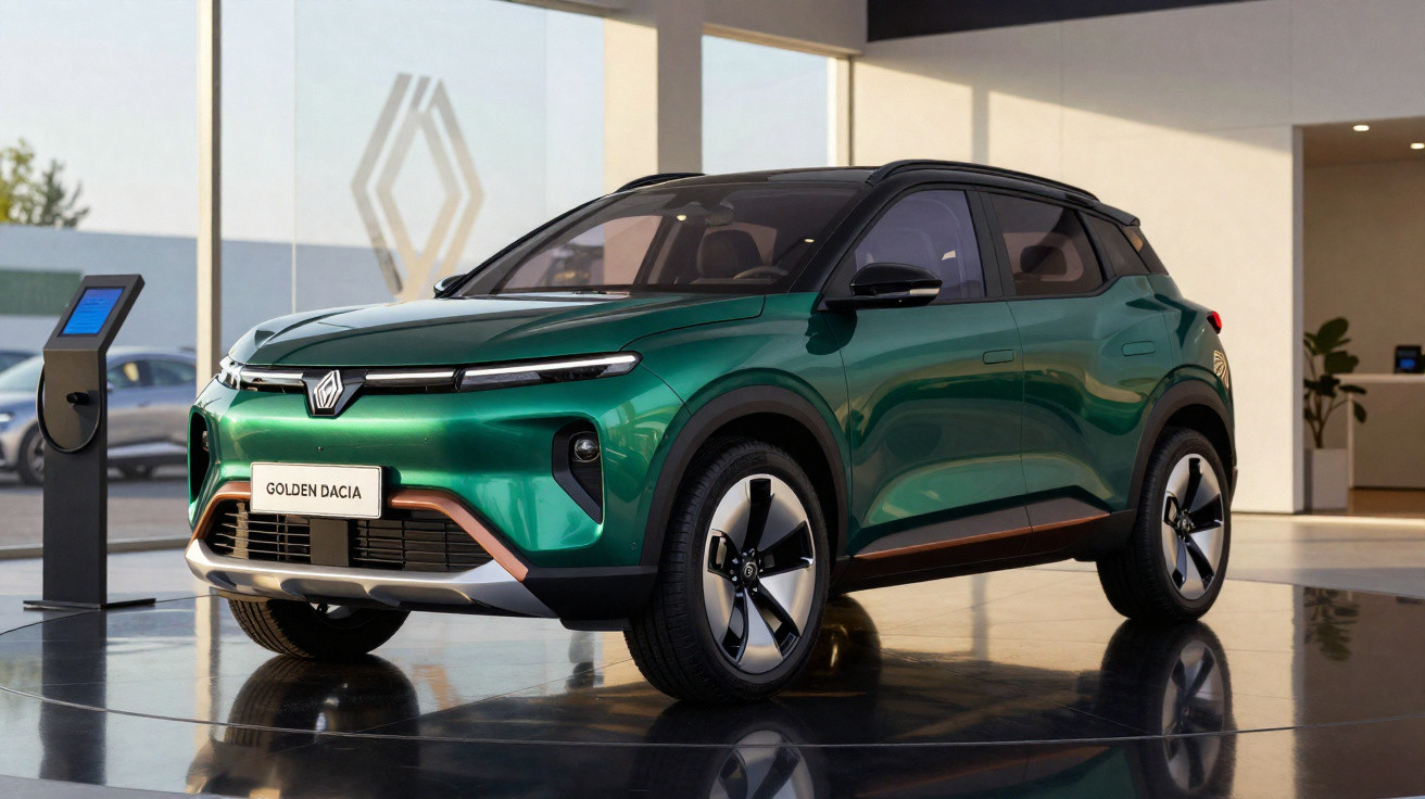 Carro SUV elétrico verde modelo Golden Dacia exibido em salão automotivo moderno e iluminado.