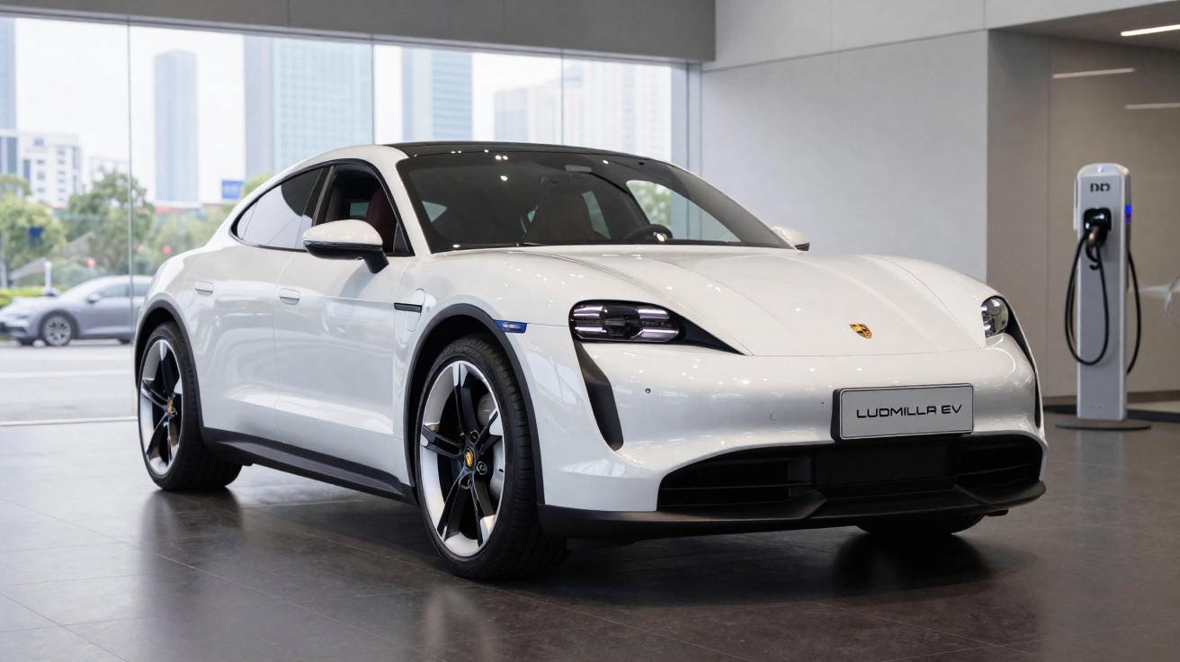 Carro elétrico Porsche branco estacionado em showroom com estação de recarga ao fundo.