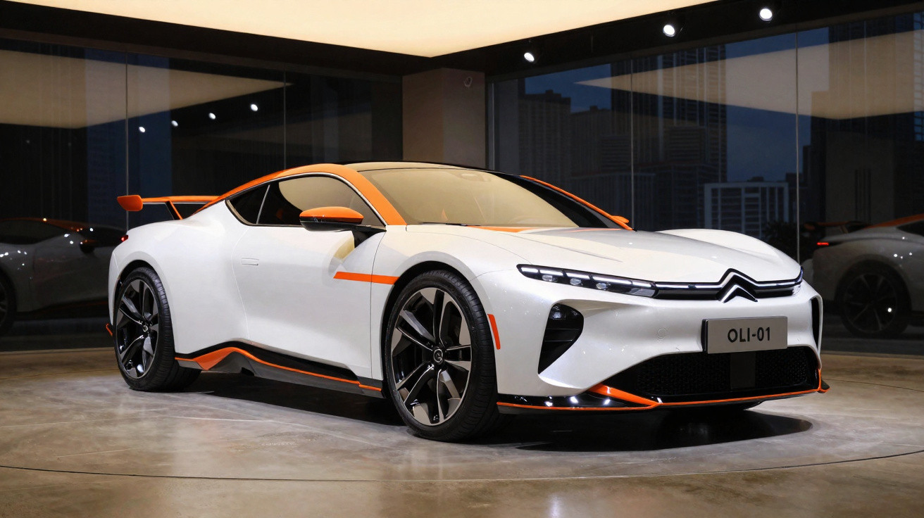 Carro esportivo elétrico branco com detalhes laranja em sala de exposição moderna e iluminação suave.