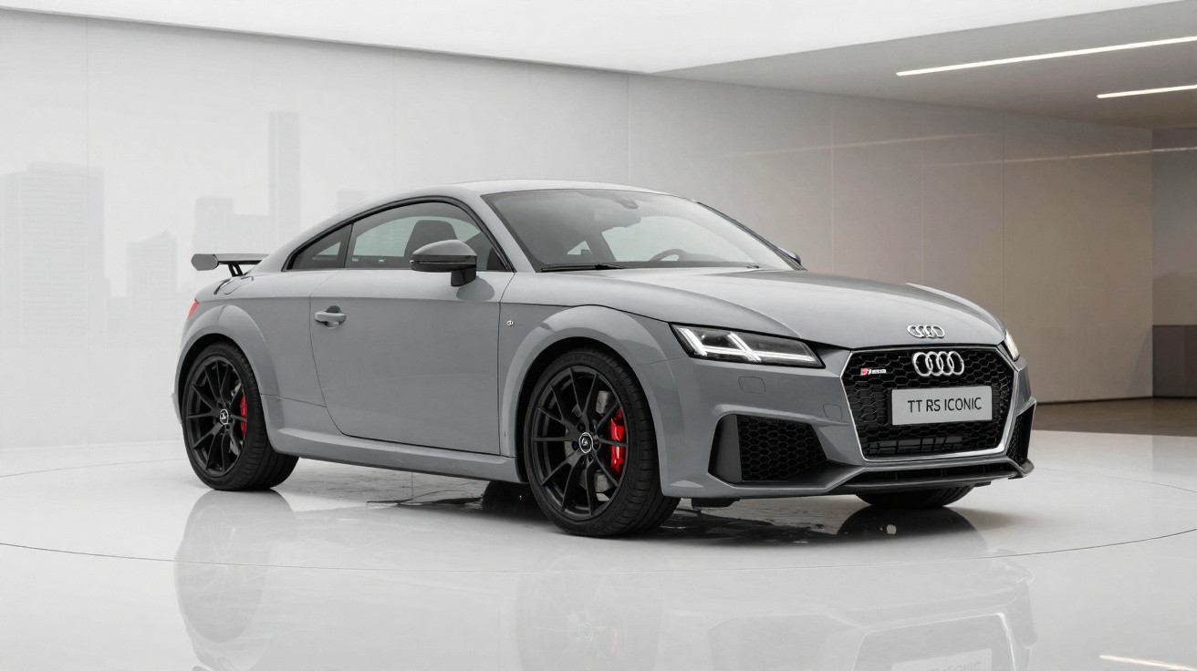 Audi TT RS cinza estacionado em salão moderno com rodas pretas e detalhe de freio vermelho.